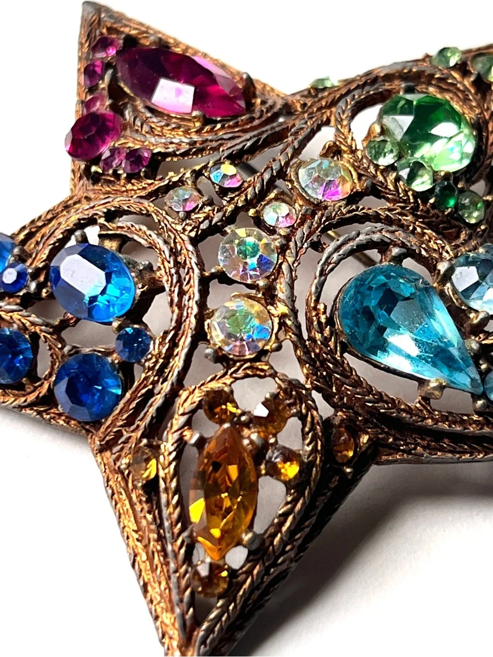 La Roco Star Brooch Pin Rainbow Jewel Gold Tone Rhinestones 1950s 2.5
